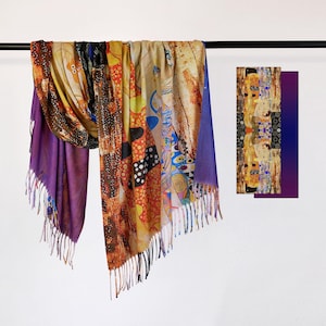 Three Ages of Woman by Klimt Reversible Fringe Shawl Cashmere Feel Scarf for Art Lover Artistic Gold Orange Purple Mothers Day Gift for Her