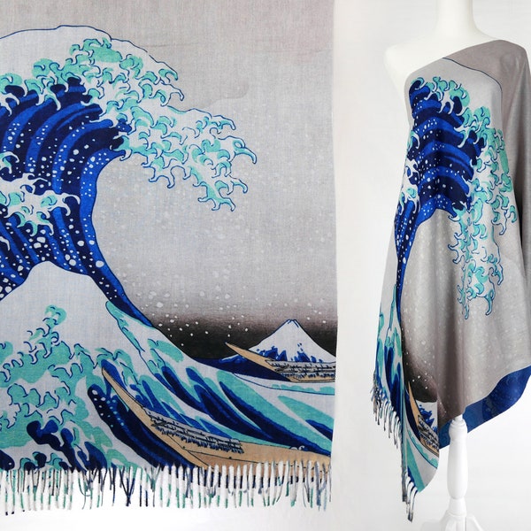 Hokusai "Große Welle" Japanische Kunst Geschenk Schal Zweifarbige Künstlerische Blaue Schal Winter Decke Wrap Mutter Geschenk für Frauen