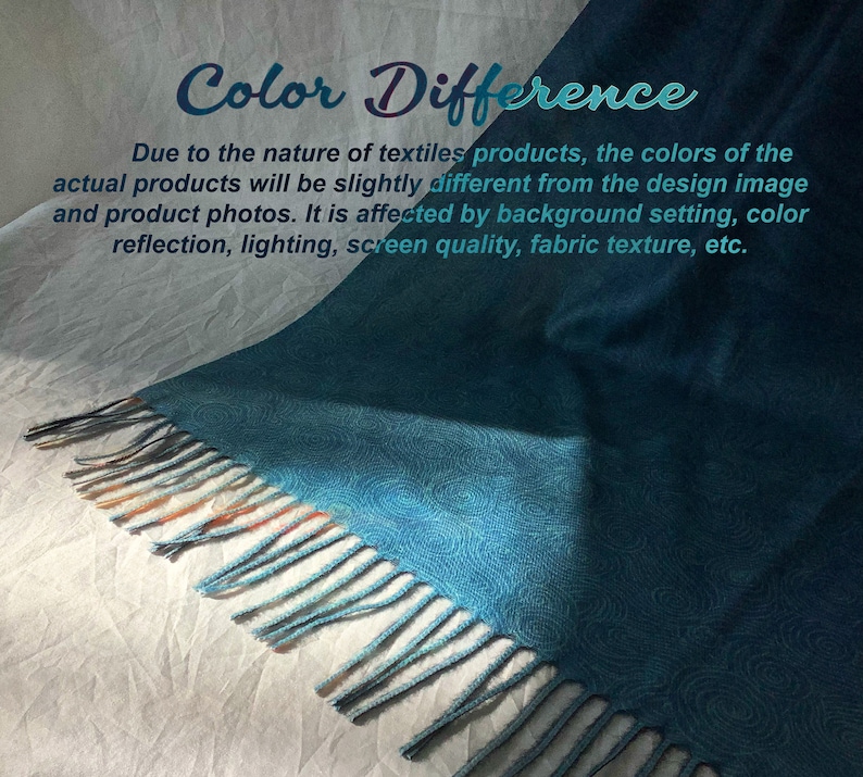 May include: A teal-colored textile product with a fringed edge. The fabric has a subtle swirl pattern. Text on the image reads "Color Difference" and explains that colors may vary due to lighting and screen quality.