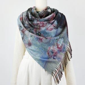Chrysanthemums by Claude Monet Grey Blue Impressionist Floral Vase Woman Winter Scarf Boho Flower Shawl Gift for Her #155