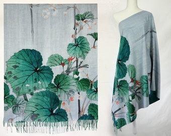 Reversible Fine Art Floral Painting Gift Shawl Artistic Pashmina Feel Blanket Scarve Fringe Wrap Begonia in the rain by Ohara Koson