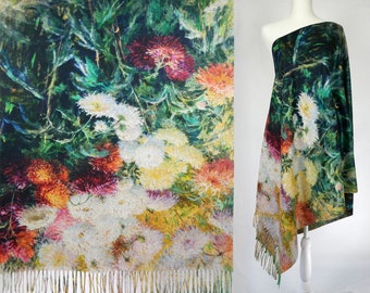 Chrysanthemums in the Garden Fine Art Flower Shawl Artistic Blanket Pashmina Cashmere-like Scarf Mother's Day Gift for Women