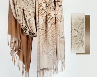 Vintage Paris Map Unique Reversible Shawl Black White Brown Gradient Fringe Travel Scarf Unisex Christmas Gift Wrap