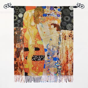 Three Ages of Woman by Klimt Reversible Fringe Shawl Cashmere Feel Scarf for Art Lover Artistic Gold Orange Purple Mothers Day Gift for Her