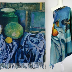 Still Life with Apples by Paul Cézanne Fine Art Print Shawl Reversible Pashmina Like Fringe Scarf Unique Artful Gift for Art Lovers
