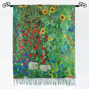 Klimt Art Nouveau Floral Garden Green Shawl Reversible Cashmere Feel Fringe Flower Scarf Christmas Birthday Gift for Her