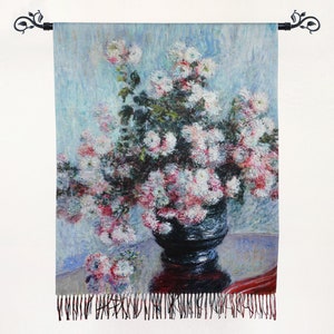 Chrysanthemums by Claude Monet Grey Blue Impressionist Floral Vase Woman Winter Scarf Boho Flower Shawl Gift for Her #155