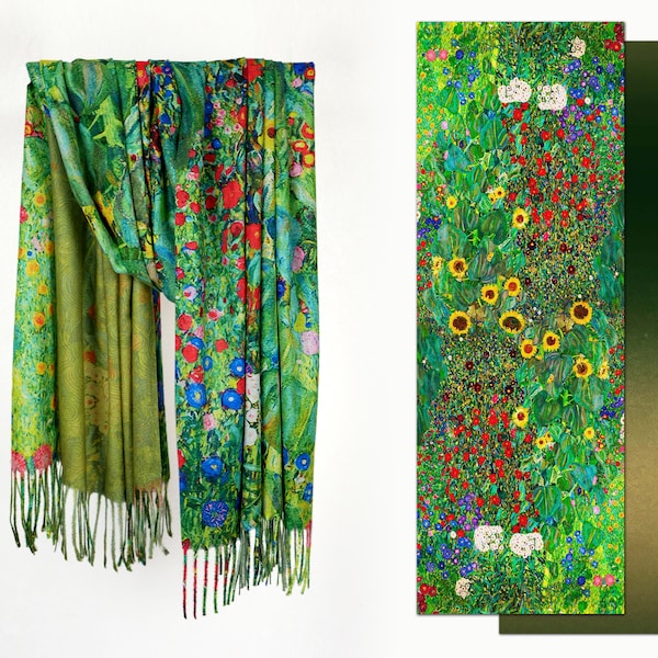 Klimt Art Nouveau Floral Garden Green Shawl Reversible Cashmere Feel Fringe Flower Scarf Christmas Birthday Gift for Her