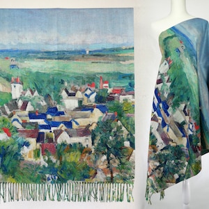 Auvers Panoramic View by Paul Cézanne Fine Art Print Two-tone Reversible Landscape Shawl Unique Artistic Wrap Fringe Scarf Gift for Her