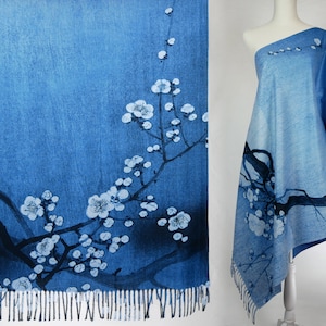 Ogata Korin&#39;s Plum Blossom Graident Denim Blue Japanese Fine Art Shawl Artistic Blanket Scarf Winter Asian Wrap Mother&#39;s Gift