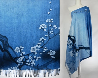 Ogata Korin's Plum Blossom Graident Denim Blue Japanese Fine Art Shawl Artistic Blanket Scarf Winter Wrap Mother's Gift for Women