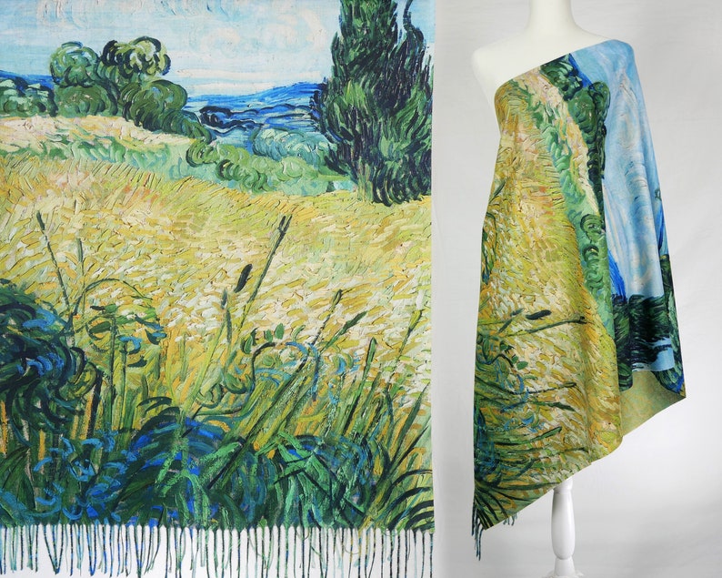 Van Gogh Green Wheat Field with Cypress Fine Art Landscape Shawl Artistic Blanket Scarves Pashmina Cashmere-like Scarf for Women image 1