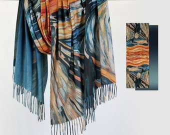 Scream by Edvard Munch Reversible Fineart Scarf Colorful Cashmere-like Fringe Shawl Gift for Her #086