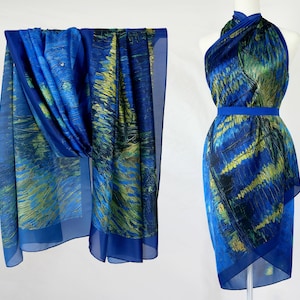 Giclée Print Van Gogh Starry Night Over the Rhône Artistic Blue Shawl Giclée Print Silky Charmeuse Landscape Scarf Fine Art Beach Sarong