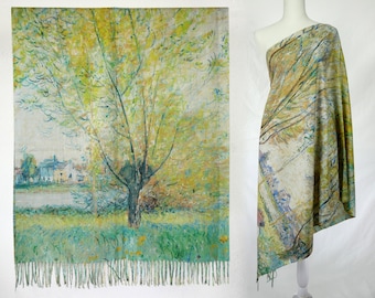 Monet's "Woman sitting under the Willows" Fine Art Green Scarf, Artistic Blanket Shawl Gift, Pashmina Cashmere-like Scarf for Women