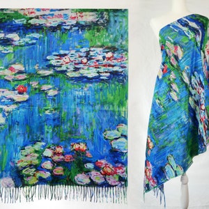 Monet Water Lilies Cashmere-like Scarf, Reversible Fine Art Gift Shawl, Winter Fine Art Scarves, Artistic Blanket Gift for Women