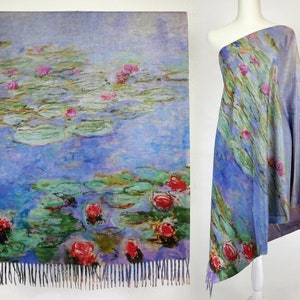 Monet Water Lilies Two Tone Reversible Fine Art Gift Shawl Artistic Pashmina Feel Blanket Scarve Blue Purple Fringe Wrap