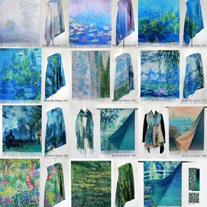 K&ouml;nnte beinhalten: Sammlung von Monet-Kunstschals, die jeweils ein anderes impressionistisches Gem&auml;lde zeigen. Die Schals zeigen verschiedene Szenen, darunter Seerosen, Landschaften und Stadtlandschaften, in Blau-, Gr&uuml;n- und Rosat&ouml;nen. Jeder Schal hat ein einzigartiges Design.
