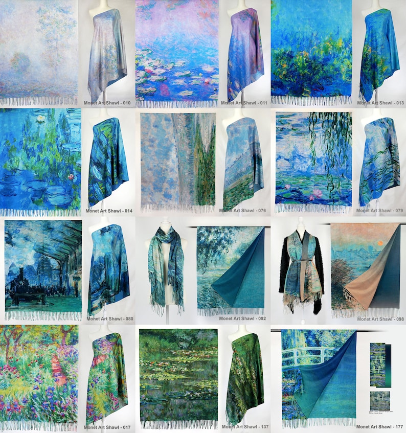 K&ouml;nnte beinhalten: Sammlung von Monet-Kunstschals, die jeweils ein anderes impressionistisches Gem&auml;lde zeigen. Die Schals zeigen verschiedene Szenen, darunter Seerosen, Landschaften und Stadtlandschaften, in Blau-, Gr&uuml;n- und Rosat&ouml;nen. Jeder Schal hat ein einzigartiges Design.