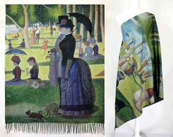 A Sunday Afternoon by Georges Seurat Two-Tone Reversible Greenish Fine Art Gift Shawl Artistic Pashmina Feel Blanket Scarf Fringe Wrap