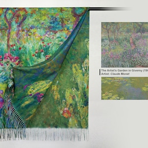 May include: A green and blue throw blanket with a floral print, featuring a painting of a garden with pink and purple flowers. The blanket has a fringe along the bottom edge. The text "The Artist's Garden in Giverny (1900) Artist: Claude Monet" is also visible.