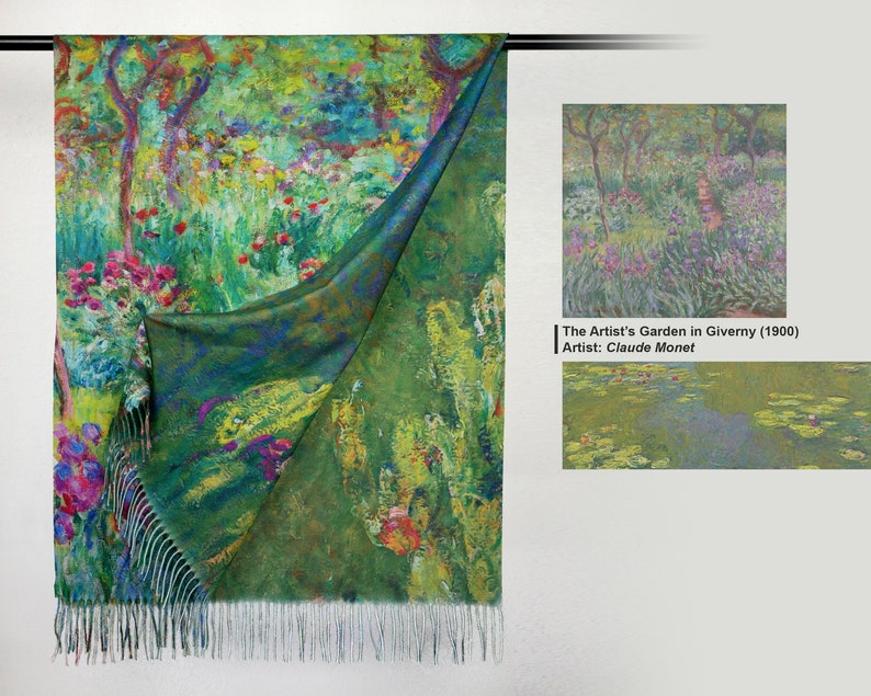 May include: A green and blue throw blanket with a floral print, featuring a painting of a garden with pink and purple flowers. The blanket has a fringe along the bottom edge. The text "The Artist's Garden in Giverny (1900) Artist: Claude Monet" is also visible.