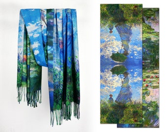 Claude Monet "Woman with a Parasol" Artistic Winter Scarf, Fine Art Gift Shawl for her, Artistic Blue Blanket  Scarves Gift for Women