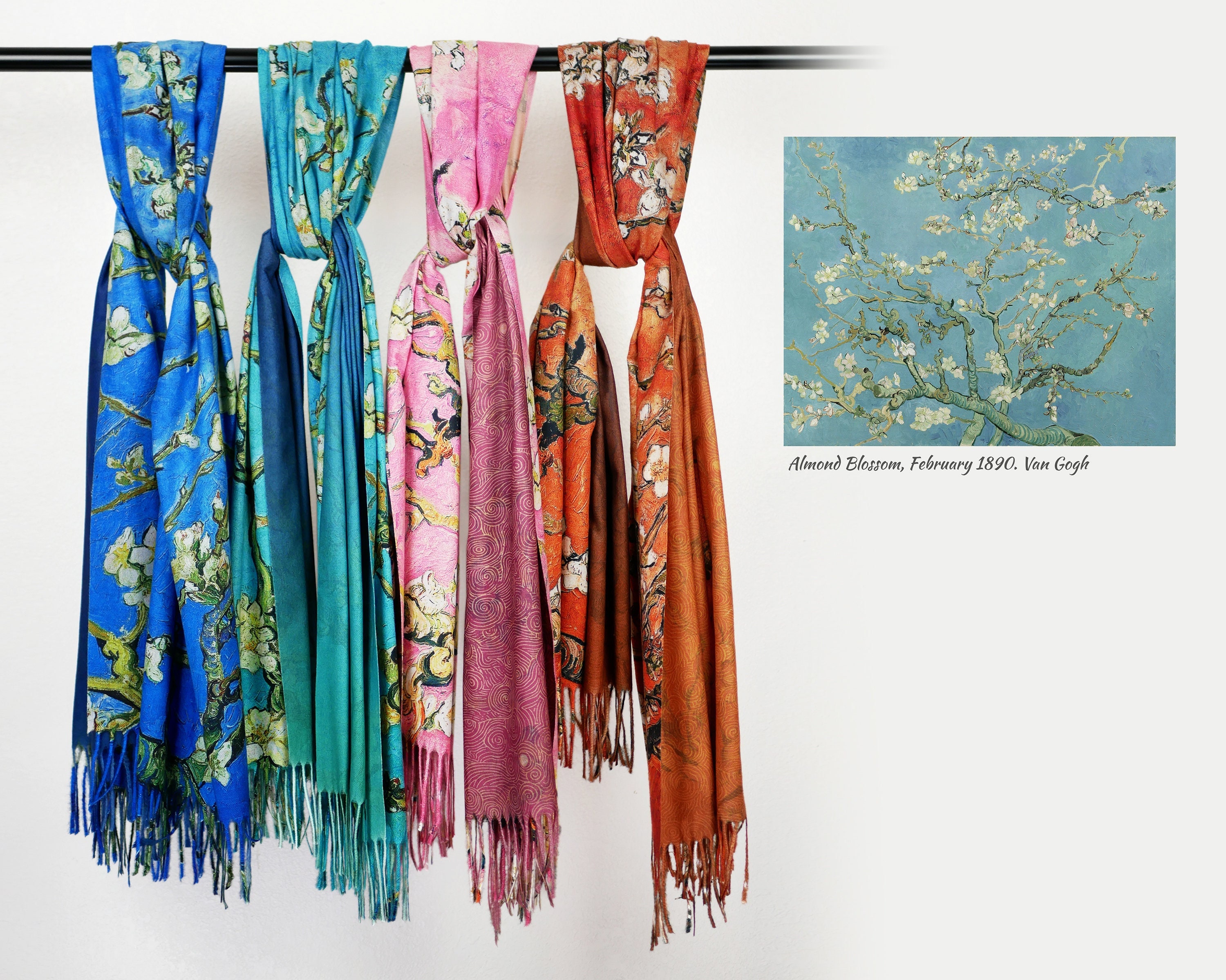 Écharpe Châle Femme GFM - Motif Fleur D'amandier De Van Gogh - 180x65cm, Texture Cachemire - Cadeau D'hiver
