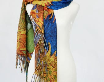 Golden Sunflower Sapphire Blue Winter Shawl Boho Floral Reversible Blanket Scarf Colorful Evening Coverup Gift for Her