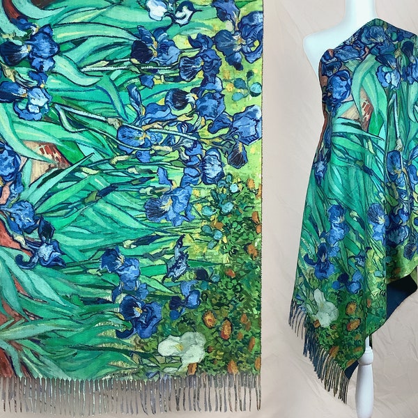 Fine Art Van Gogh's Blue Green Reversible "Irises" Flower Gift Shawl Artistic Blanket Scarf Silk Floral Scarf Beach Wrap for Women