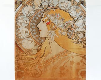 Alfons Mucha, fille du zodiaque, châle à franges, marron doré, dégradé, écharpes réversibles, cadeau Art nouveau pour elle