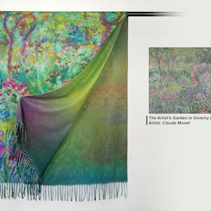 May include: A reversible scarf featuring a vibrant impressionist painting of a garden with trees, flowers, and green foliage. The scarf has a fringed edge and a color gradient from green to purple. The artwork is "The Artist's Garden in Giverny (1900)" by Claude Monet.
