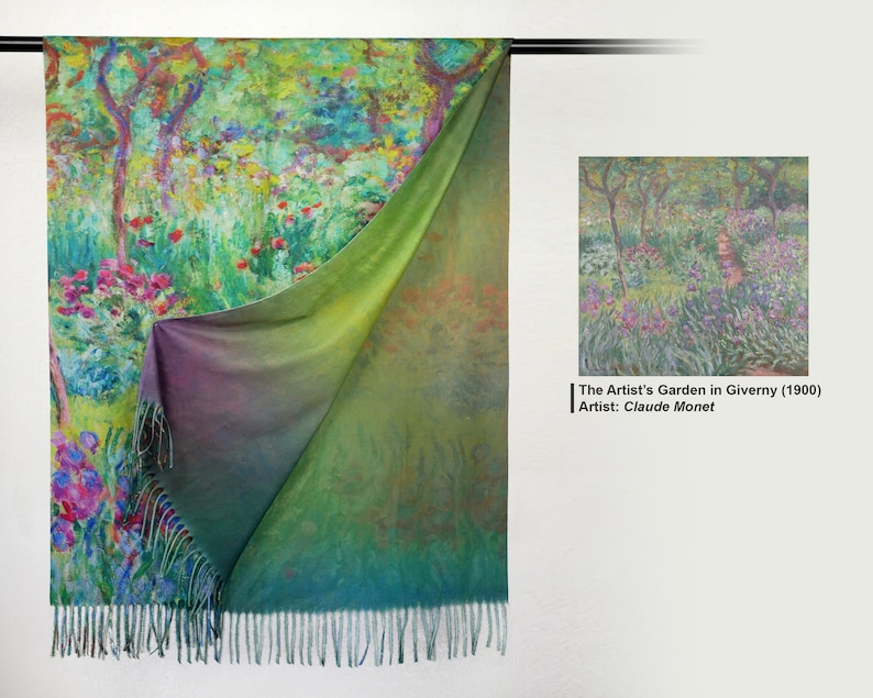 May include: A reversible scarf featuring a vibrant impressionist painting of a garden with trees, flowers, and green foliage. The scarf has a fringed edge and a color gradient from green to purple. The artwork is "The Artist's Garden in Giverny (1900)" by Claude Monet.