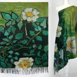 Wild Rose Van Gogh Print Two Tone Reversible Fine Art Gift Shawl Artistic Pashmina Feel Blanket Scarve Fringe Wrap