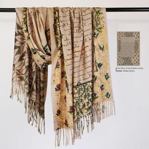 William Morris The Story of the Dwellers at Eyr Scarf Gold Floral Light Coffee Khaki Pashmina Feel Floral Shawl