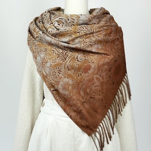 Coffee Brown Blanket Scarf Tan Flower Winter Wrap Warm Floral Evening Cover-Up Light Chocolate Cashmere Pashmina Feel Fringe Shawl