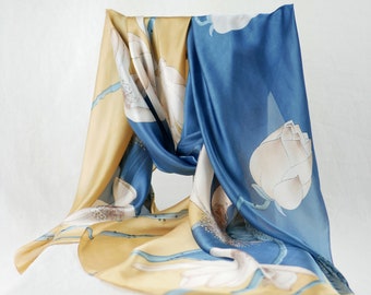 Off white lotus floral Print Blue Silky Charmeuse long Asian Art Scarves Gift for Women Lightweight Summer Beach Wraps