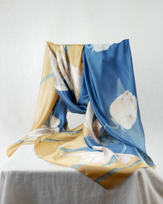 Off White Lotus Floral Print Blue Silky Charmeuse Long Asian  display picture 1