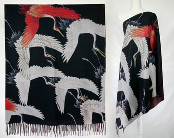 Black White Burgundy Red Flying Crane Two Tone Reversible Fine Art Gift Shawl Artistic Pashmina Feel Blanket Scarf Fringe Wrap