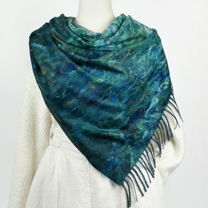 Lake Blue Winter Blanket Scarf Cashmere-Feel Fringe Shawl Dark Teal Green Reversible Evening Coverup Christmas Gift for Her  #092
