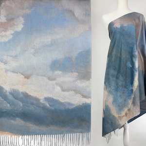 Two-toned Reversible Fine Art Shawl Sunset Sky Cloud Blanket Scarves for Art Lover Pashmina-like Fringe Shawl #020