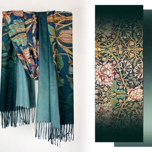 William Morris Gradient Honeysuckle Floral Shawl Reversible Green Blue Cashmere Feel Fringe Scarf Christmas Birthday Gift for Her