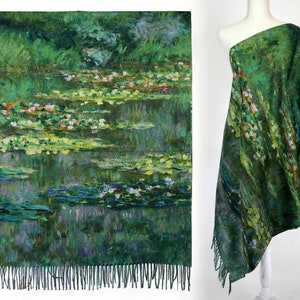 Monet Water Lilies Pond Green Reversible Fine Art Gift Floral Shawl Artistic Pashmina Feel Blanket Scarf Floral Fringe Wrap