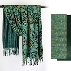 William Morris Fine Art Wall Paper Print Gradient Shawl Reversible Green Cashmere Feel Fringe Scarf Gift for Her