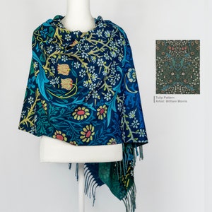 William Morris Tulip Pattern Shawl Fine Art Blanket Scarf Green Blue Floral Cashmere Feel Fringe Shawl Botanical Wrap