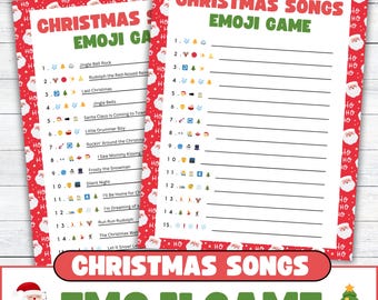 Puede incluir: Un juego de Navidad imprimible con un fondo rojo y blanco con Papá Noel y un árbol de Navidad. El juego se llama "Christmas Songs Emoji Game" e incluye una lista de 15 canciones navideñas con emojis que representan cada canción.