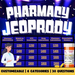 Plantilla de PowerPoint personalizable de Jeopardy de farmacia / Organiza tu propio concurso / Plantilla de Jeopardy / Juego médico / Juego de fiesta / Farmacia
