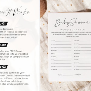 Pode incluir: Um jogo de ch&aacute; de beb&ecirc; imprim&iacute;vel com instru&ccedil;&otilde;es para decifrar palavras relacionadas a beb&ecirc;s. O jogo se chama "Baby Shower Word Scramble".