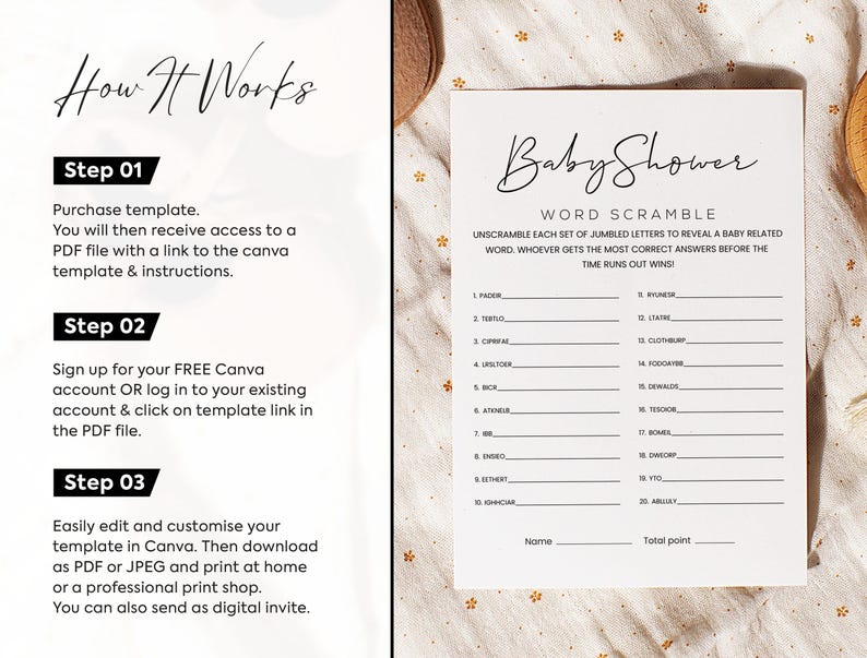 Pode incluir: Um jogo de ch&aacute; de beb&ecirc; imprim&iacute;vel com instru&ccedil;&otilde;es para decifrar palavras relacionadas a beb&ecirc;s. O jogo se chama "Baby Shower Word Scramble".