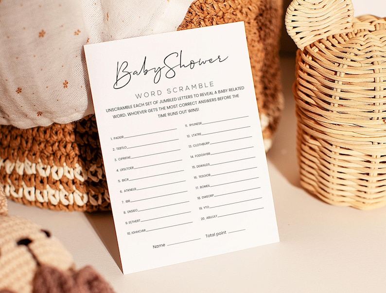 Pode incluir: Um jogo de ch&aacute; de beb&ecirc; imprim&iacute;vel com o t&iacute;tulo "Baby Shower Word Scramble". O jogo instrui os jogadores a desfazer cada conjunto de letras embaralhadas para revelar uma palavra relacionada a um beb&ecirc;. Quem obtiver o maior n&uacute;mero de respostas corretas antes que o tempo acabe ganha.